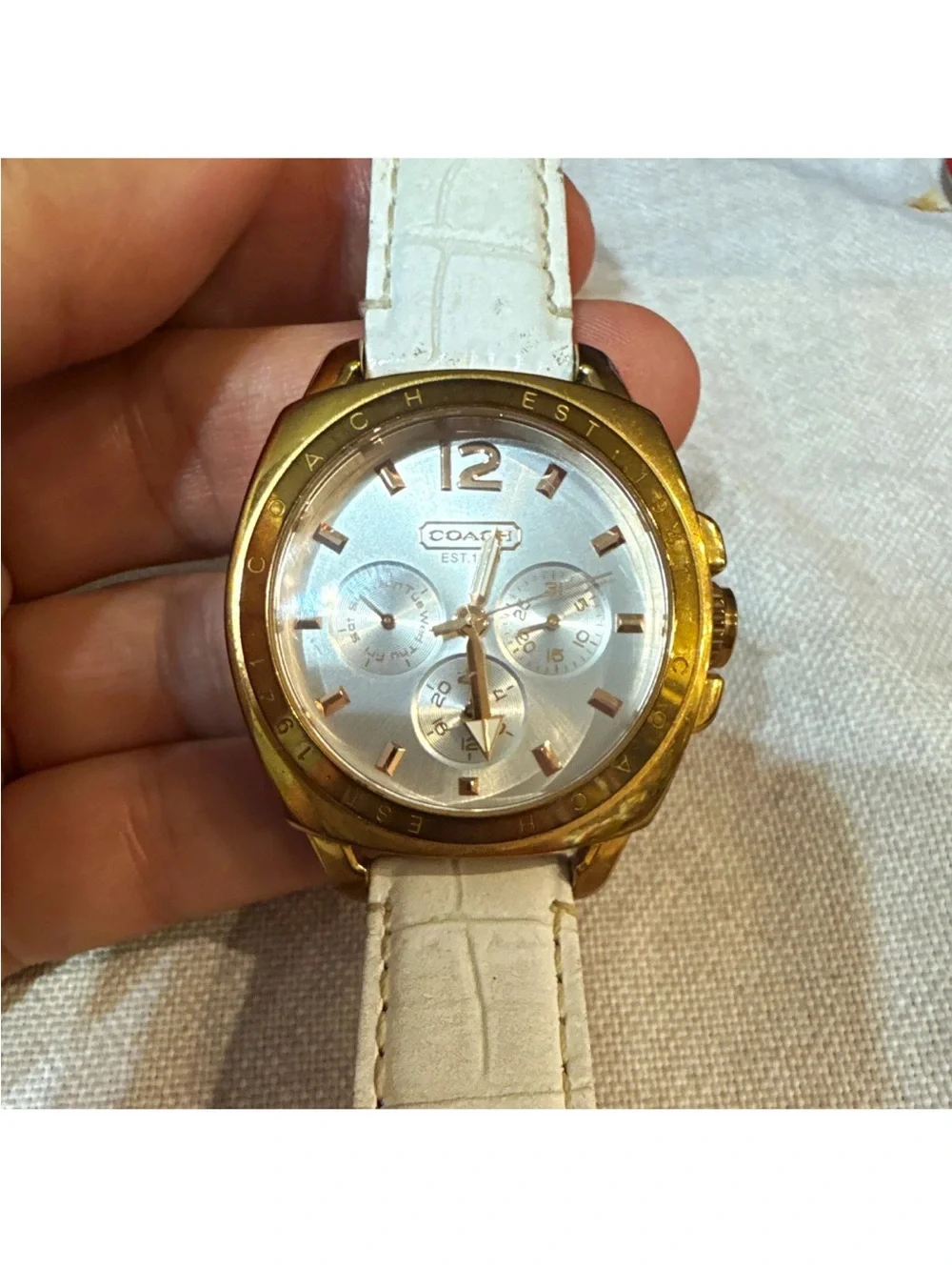 Coach Gold-Tone Chronograph Watch with White Leather Strap 34 mm